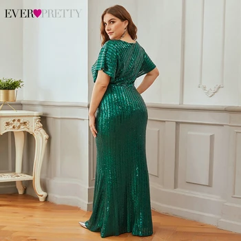 Плюс размера на тъмно-зелени вечерни облекла Ever Pretty EP00413DG Русалка пайети с къс ръкав секси дълги вечерни рокли Vestidos 2020 images