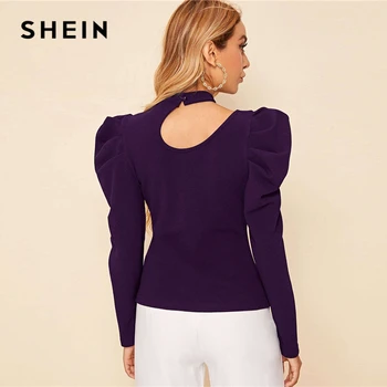 SHEIN Black Solid Stand Collar Cut Out елегантна блуза жена топ 2019 есен крак от агнешко ръкав бутон Назад форма приталенные блузи images