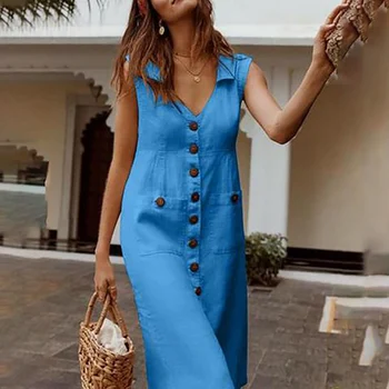 2020 летни дамски рокли елегантен точков принт Boho Dress женствена отложной V-образно деколте Dress Button Pocket Dress Vestidos S-5XL images