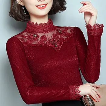 Дамски пролет есен стил дантелени блузи риза дамски выдалбливают плътен цвят с дълъг ръкав поло елегантни тънки блузи DD9084 images