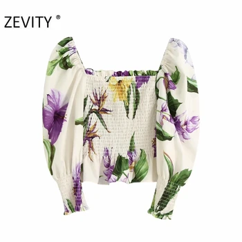 ZEVITY жени реколта квадратен яка цветен принт всекидневният халат блуза, риза жени гънки еластичен шик blusas femininas върховете LS7054 images