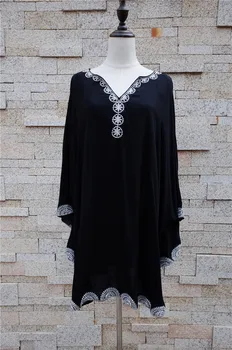 2021 синьо лято плаж рокля памук-туника жени плажно облекло плюс размера на черна бродерия V-образно деколте Boho бикини Wrap Dress sarong Q668 images